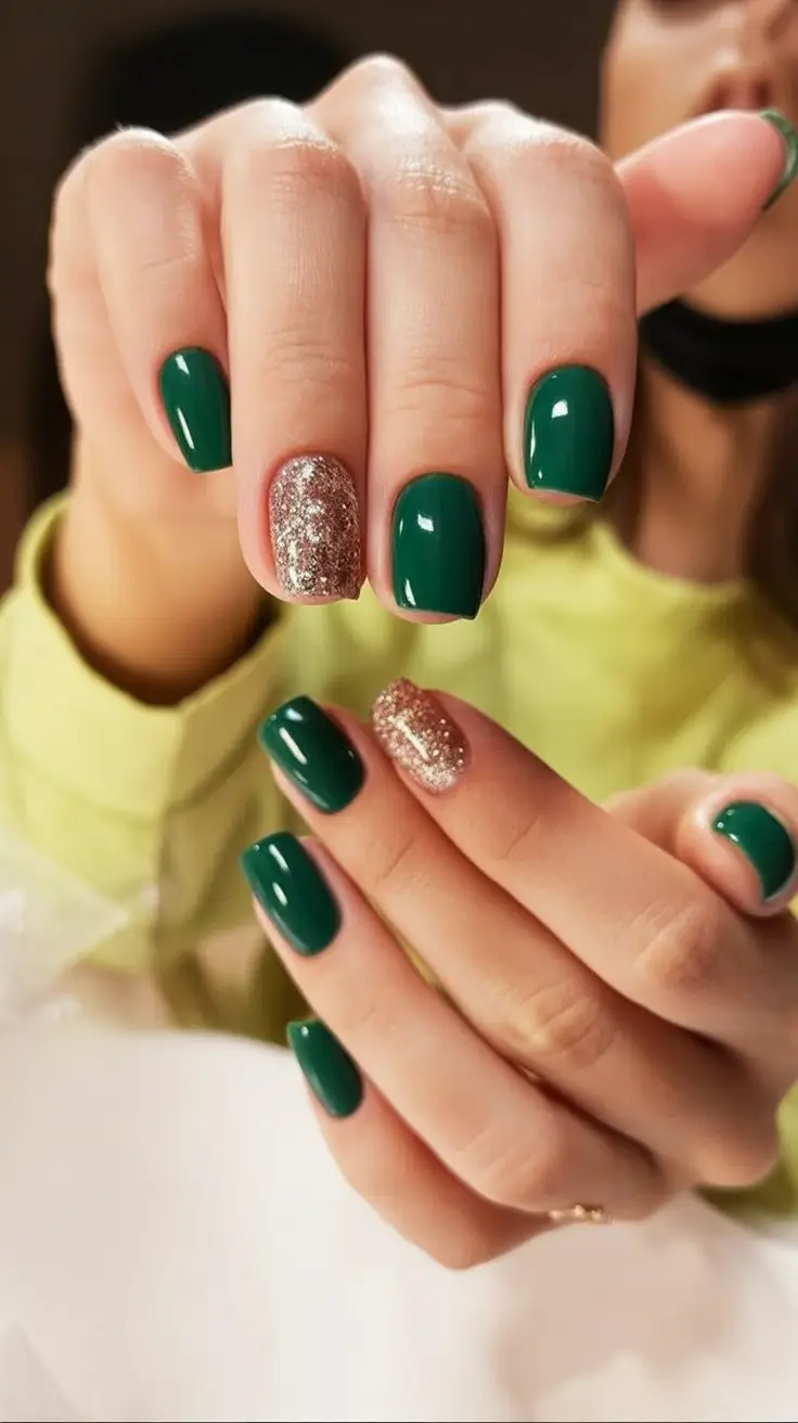 Short Acrylics for Summer 2025 Fun Emerald Glam with Glitter Pop