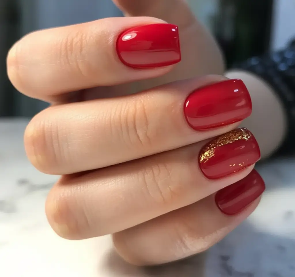 Short Acrylics for Summer 2025 Fun Classic Red with a Hint of Gold