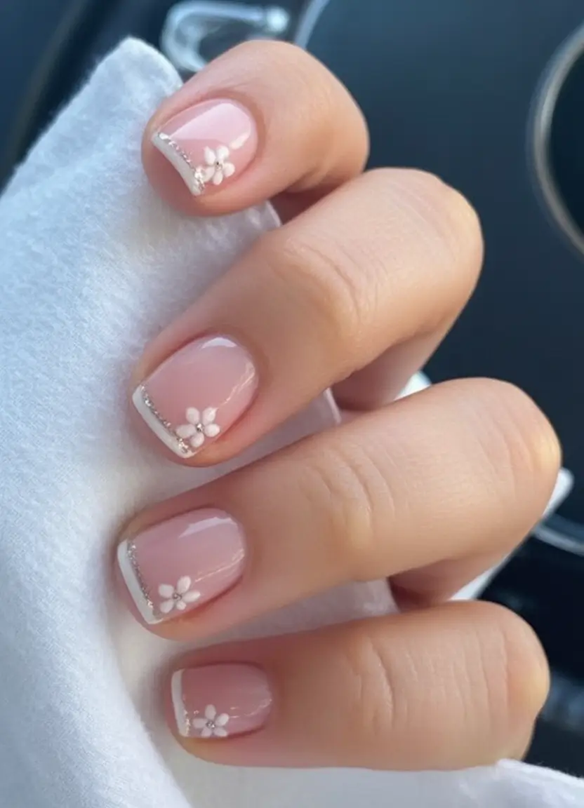 Short Acrylics for Summer 2025 Fun Soft French Florals with a Sparkle Line