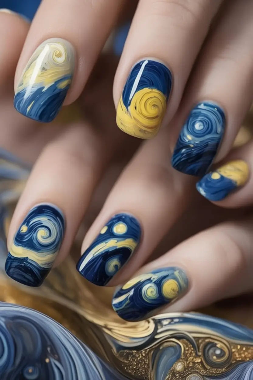Short Acrylics for Summer 2025 Fun Van Gogh Swirls in Blue & Yellow