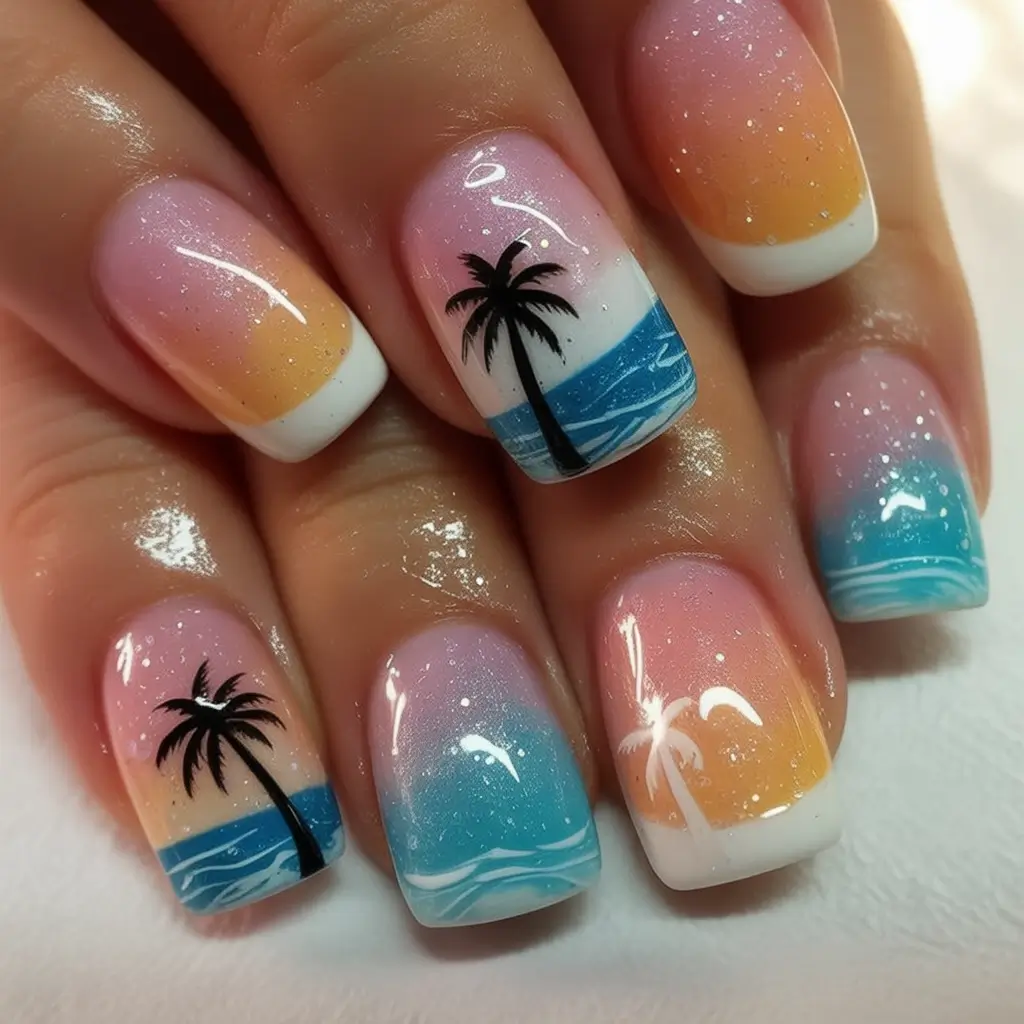Short Acrylics for Summer 2025 Fun Tropical Sunset Dream