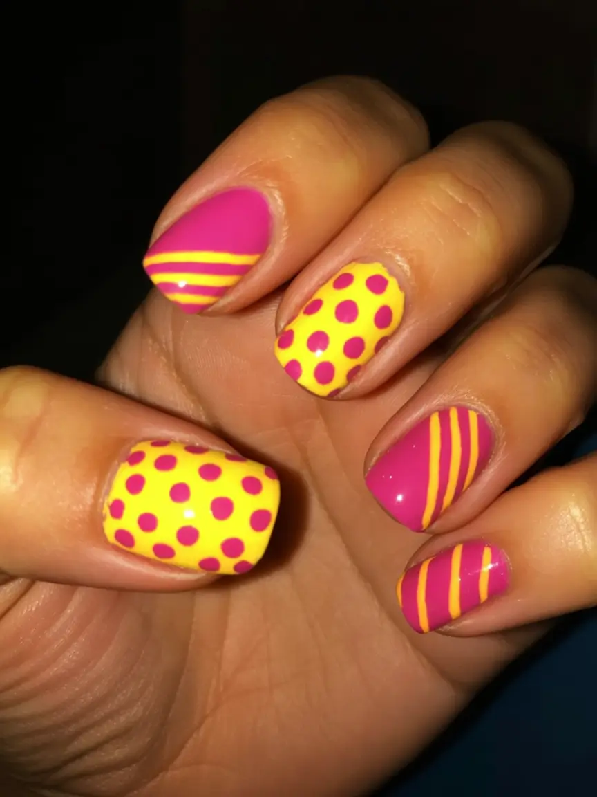 Short Nail Inspo for Summer 2025 Electric Lemonade Polka Stripes