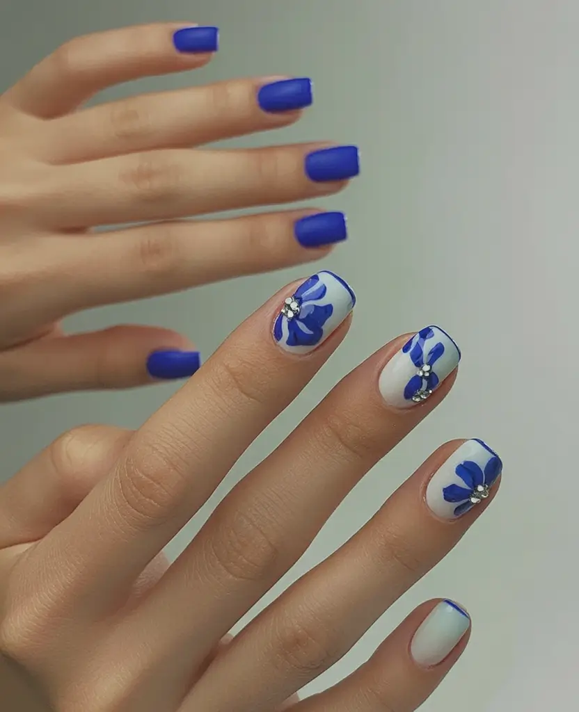 Short Nail Inspo for Summer 2025 Cobalt Flower Drama
