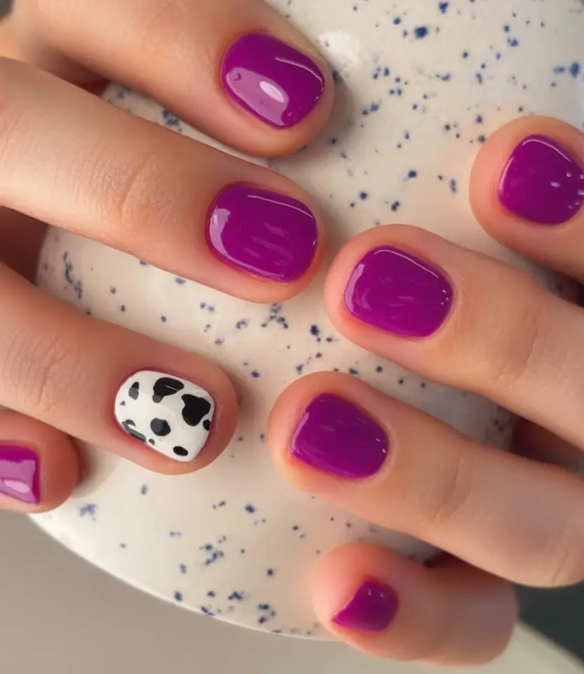 Short Nail Inspo for Summer 2025 Glossy Purple & Cowprint Pop