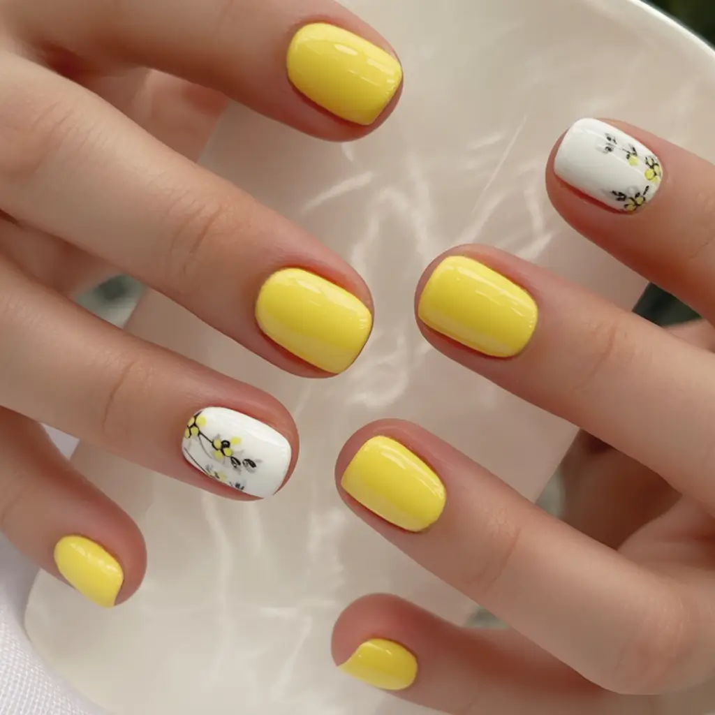 Short Nail Inspo for Summer 2025 Sunshine Yellow With Minimal Floral Accent