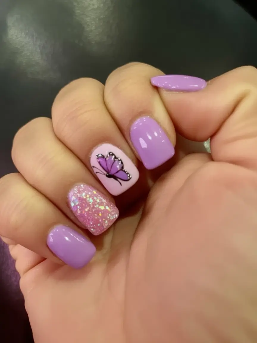 Short Nail Inspo for Summer 2025 Violet Butterfly Sparkle