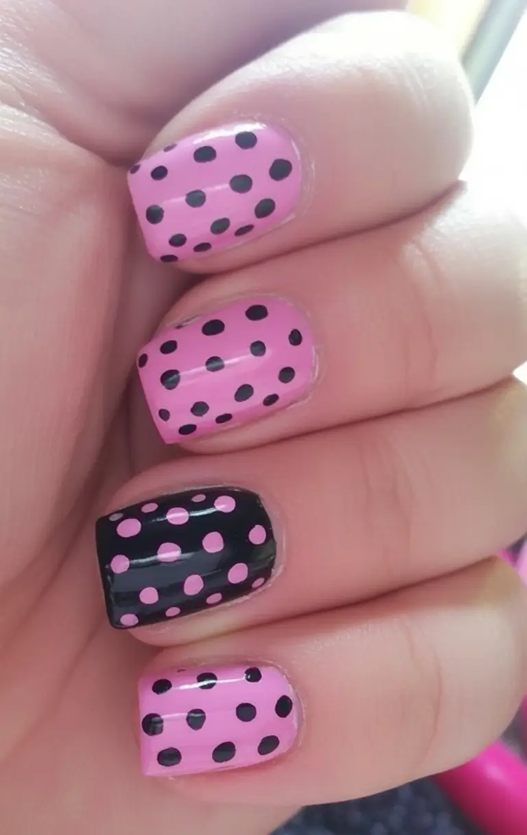 Short Nail Inspo for Summer 2025 Retro Dots in Pink & Black