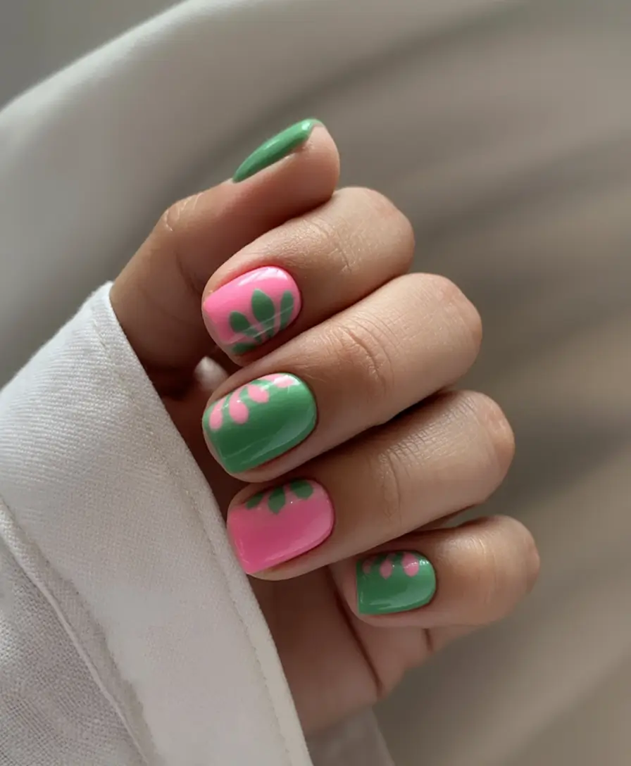 Short Nail Inspo for Summer 2025 Garden Pop Green and Pink Petals