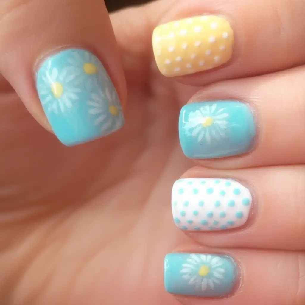 Short Nail Inspo for Summer 2025 Daisy Blue with a Polka Twist