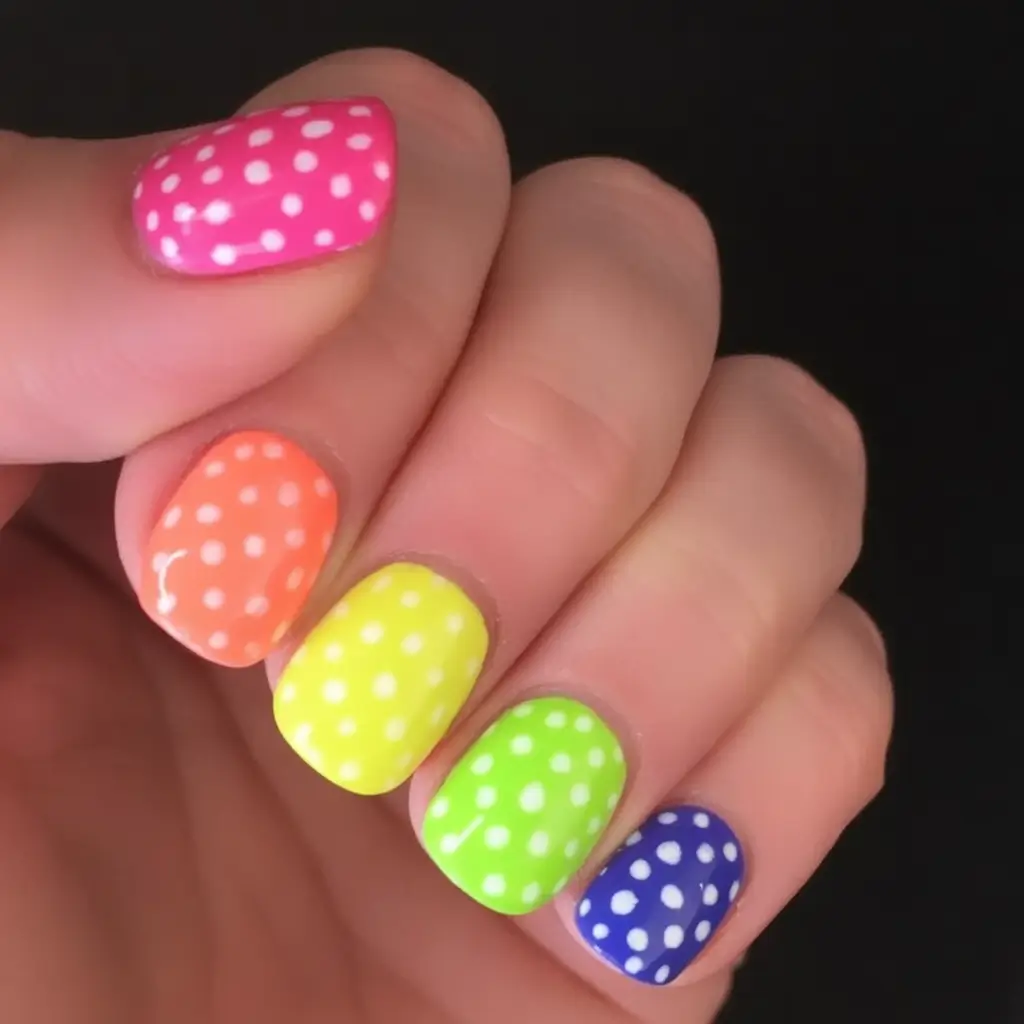 Short Nail Inspo for Summer 2025 Rainbow Polka Party