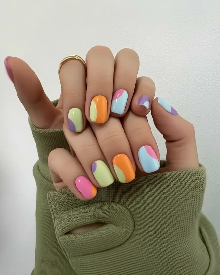 Short Nail Inspo for Summer 2025 Retro Waves in Sunset Pastels