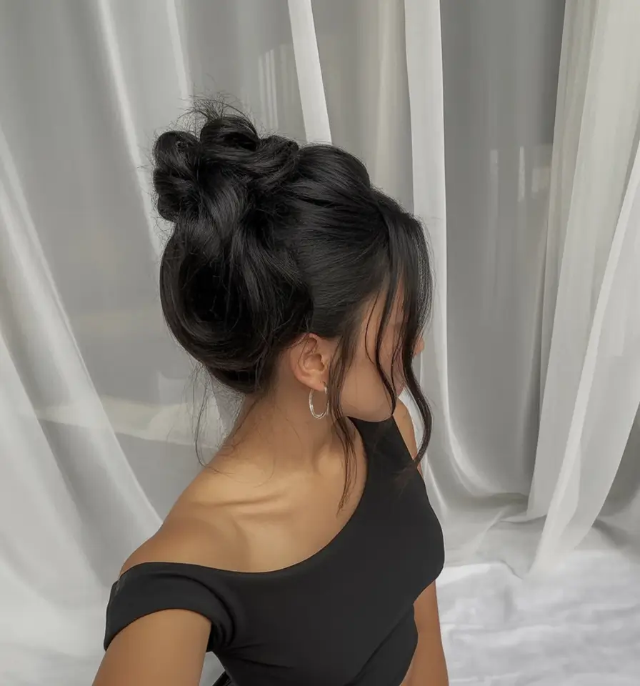 Simple Bun Hairstyle Inspirations - Summer 2025 Messy Textured Bun with Soft Bangs