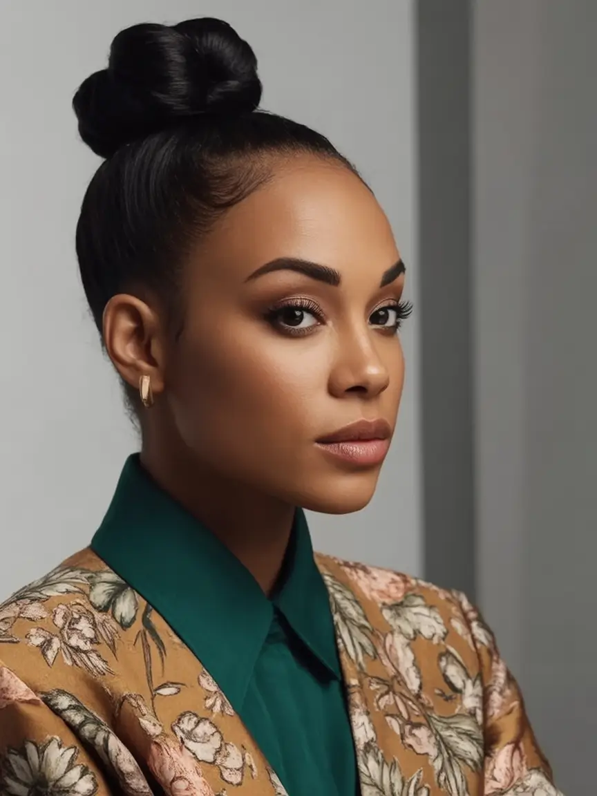 Simple Bun Hairstyle Inspirations - Summer 2025 Glossy Elegance with a Sleek Top Knot