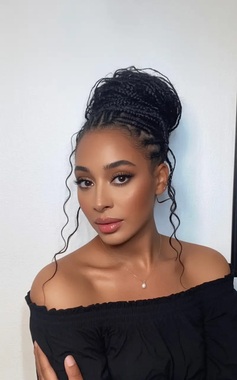Simple Bun Hairstyle Inspirations – Summer 2025 High Braided Bun With Defined Curls