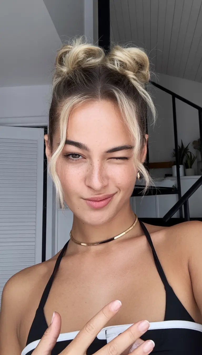 Simple Bun Hairstyle Inspirations - Summer 2025 Playful Space Buns with Curtain Fringe