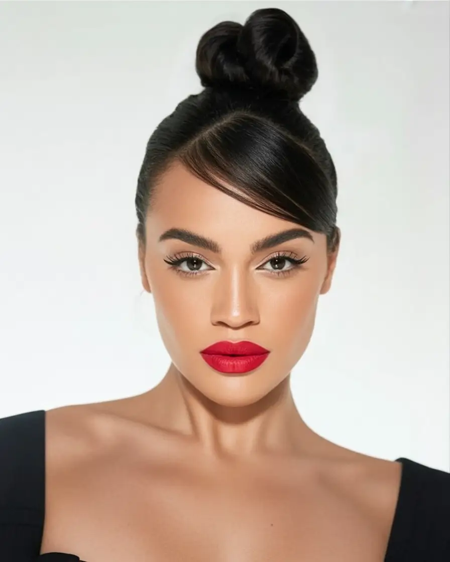 Simple Bun Hairstyle Inspirations - Summer 2025 Twisted Top Knot with Glossy Bangs