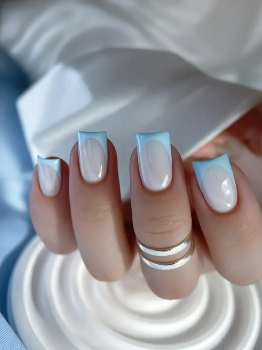 Simple Nails for a Chill 2025 Summer Baby Blue Diagonal French