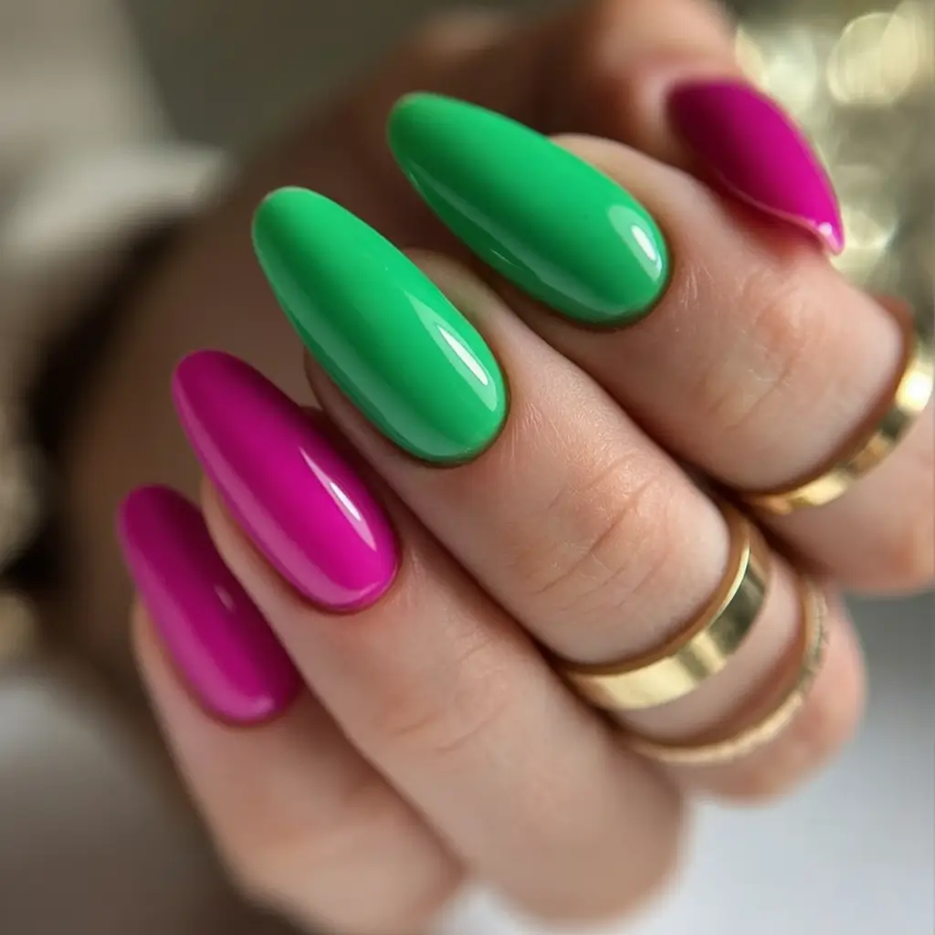 Simple Nails for a Chill 2025 Summer Glossy Green Meets Magenta Pop