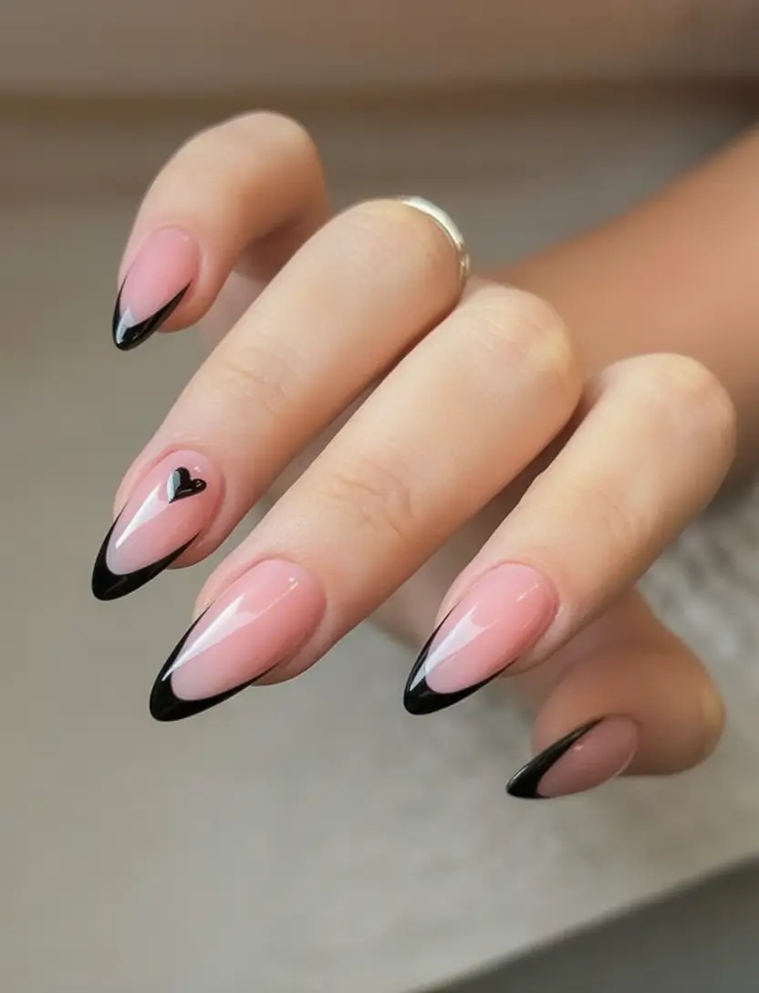 Simple Nails for a Chill 2025 Summer Black-Edged Almond With A Heart