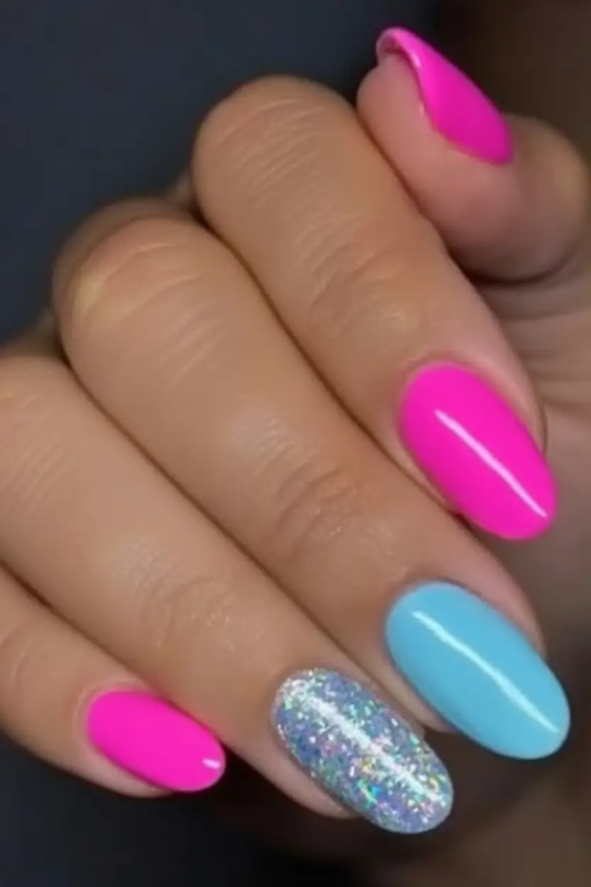 Simple Nails for a Chill 2025 Summer Neon Barbie Vibes With Glitter Accent