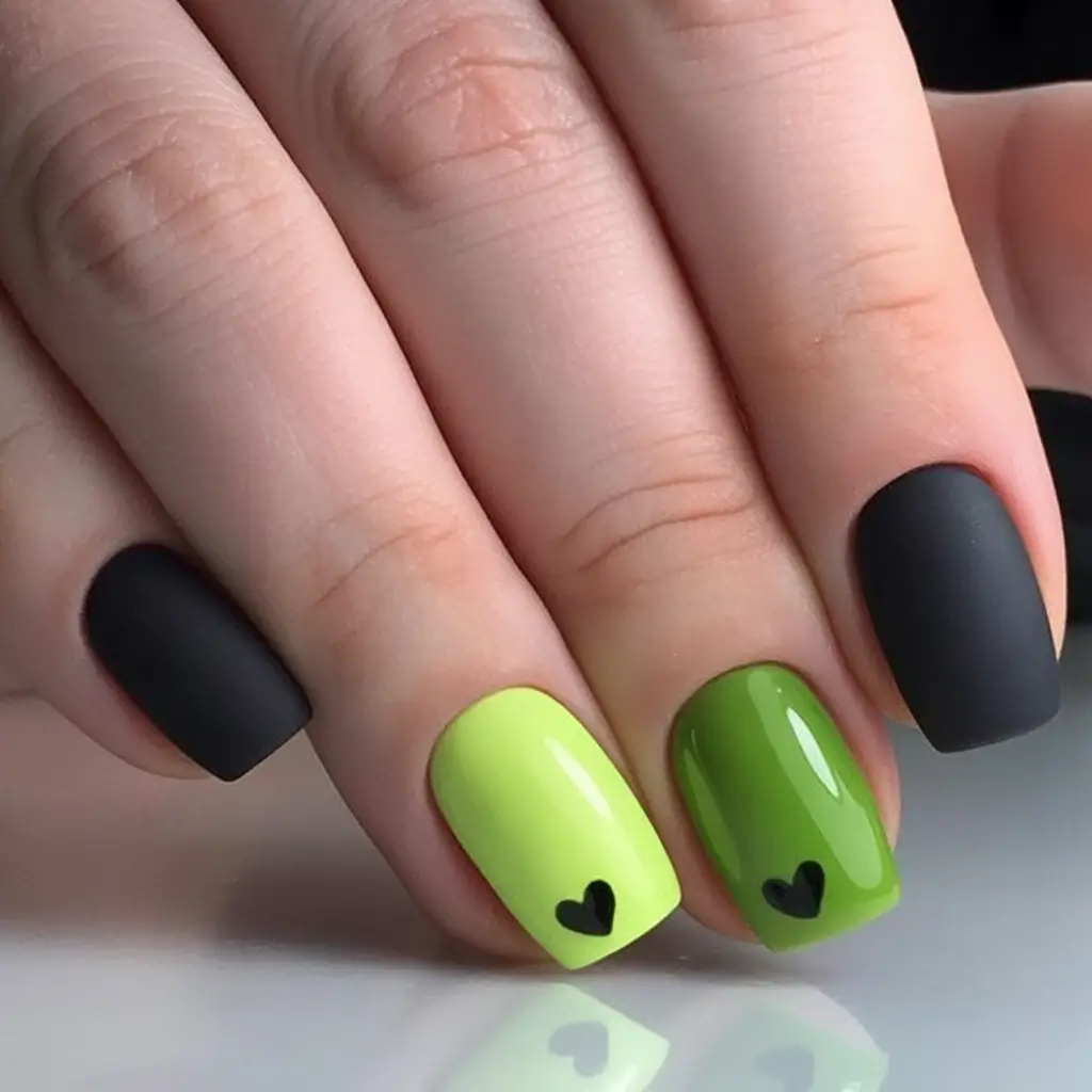 Simple Nails for a Chill 2025 Summer Matte & Glossy Green Heart Duo