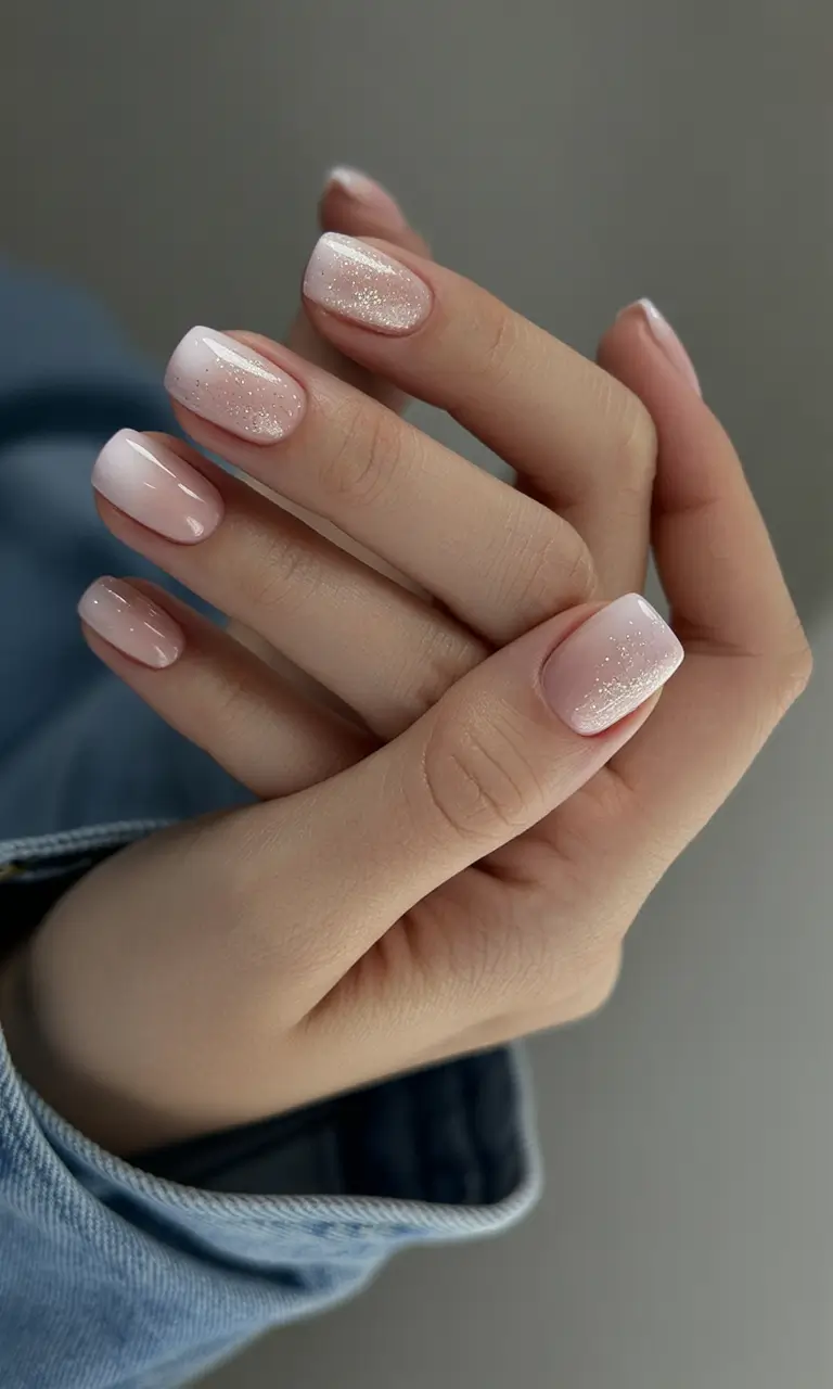 Simple Nails for a Chill 2025 Summer Blush Glitter Fade