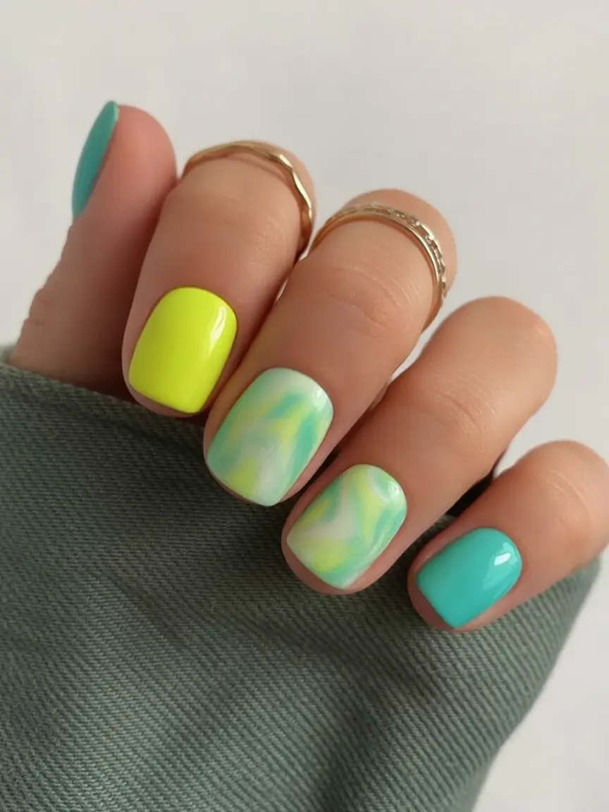 Simple Nails for a Chill 2025 Summer Lime & Ocean Marble Mix