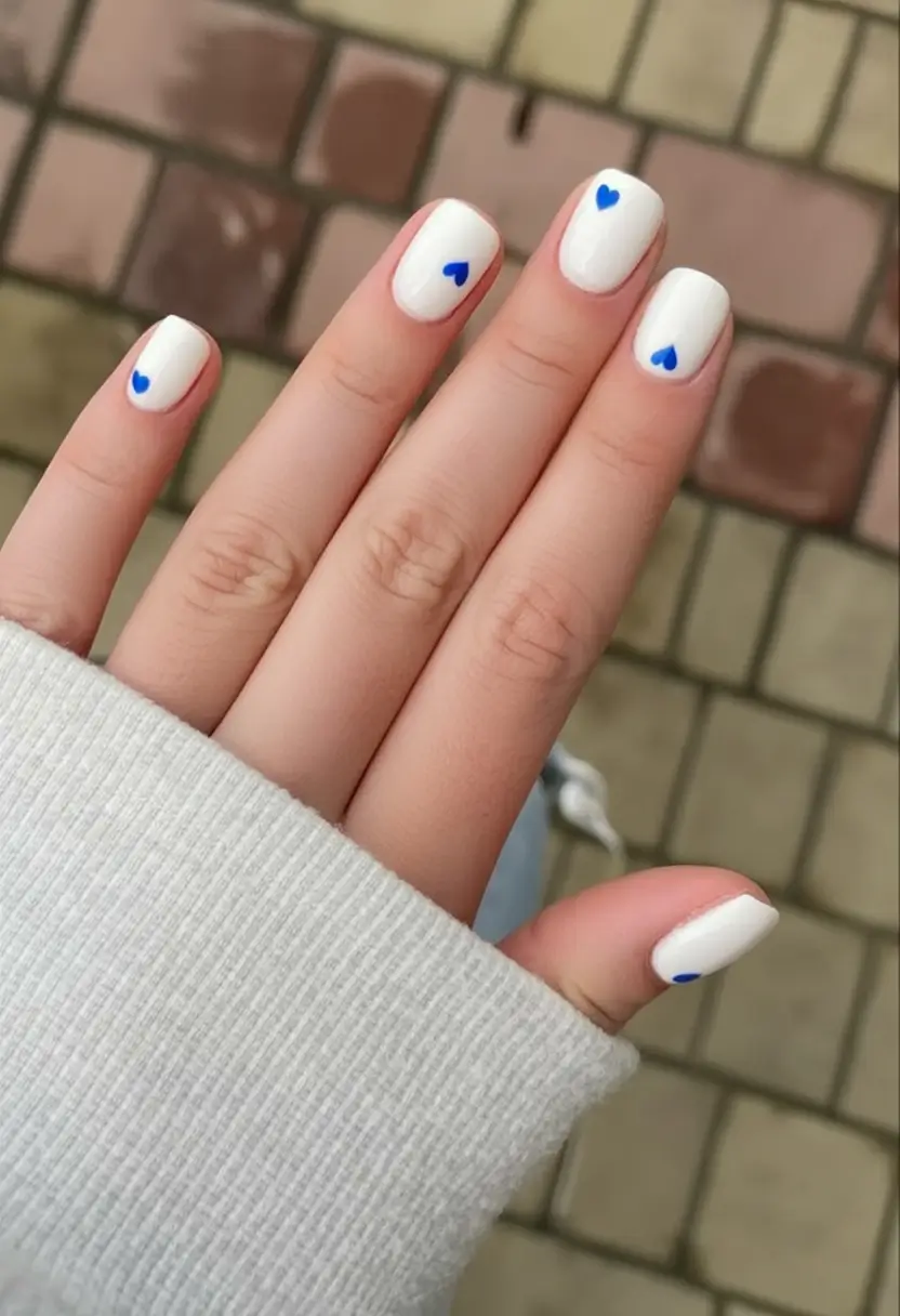 Simple Nails for a Chill 2025 Summer White Canvas With Tiny Blue Hearts