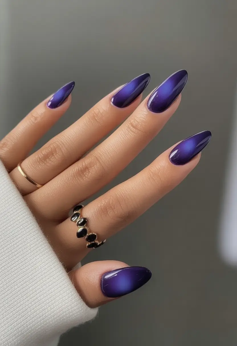 Summer 2025 Acrylics Nails Ideas Glossy Purple Cat-Eye with Almond Drama