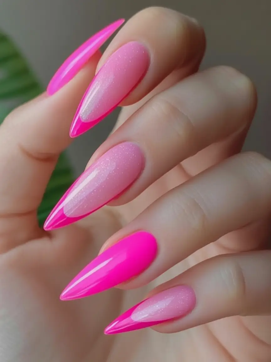 Summer 2025 Acrylics Nails Ideas Neon Pink Stiletto with Electric Edge