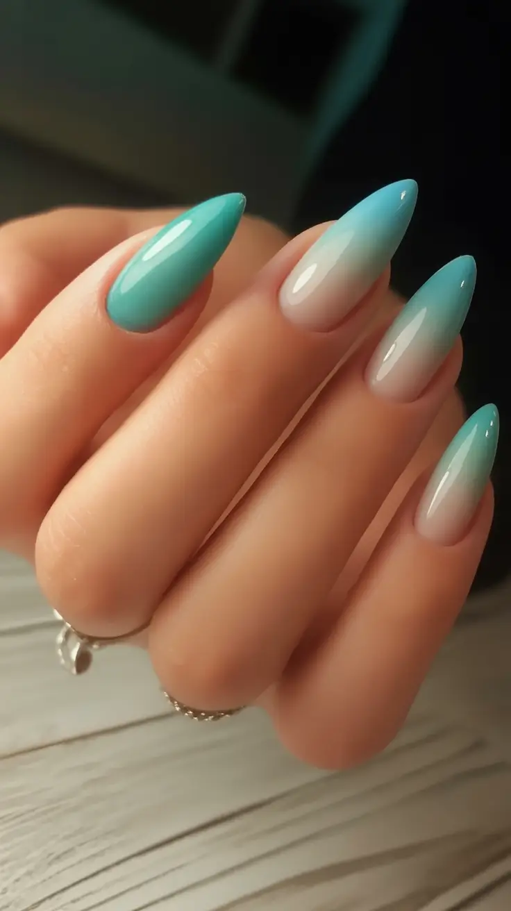 Summer 2025 Acrylics Nails Ideas Cool Mint Ombre on Almond Tips