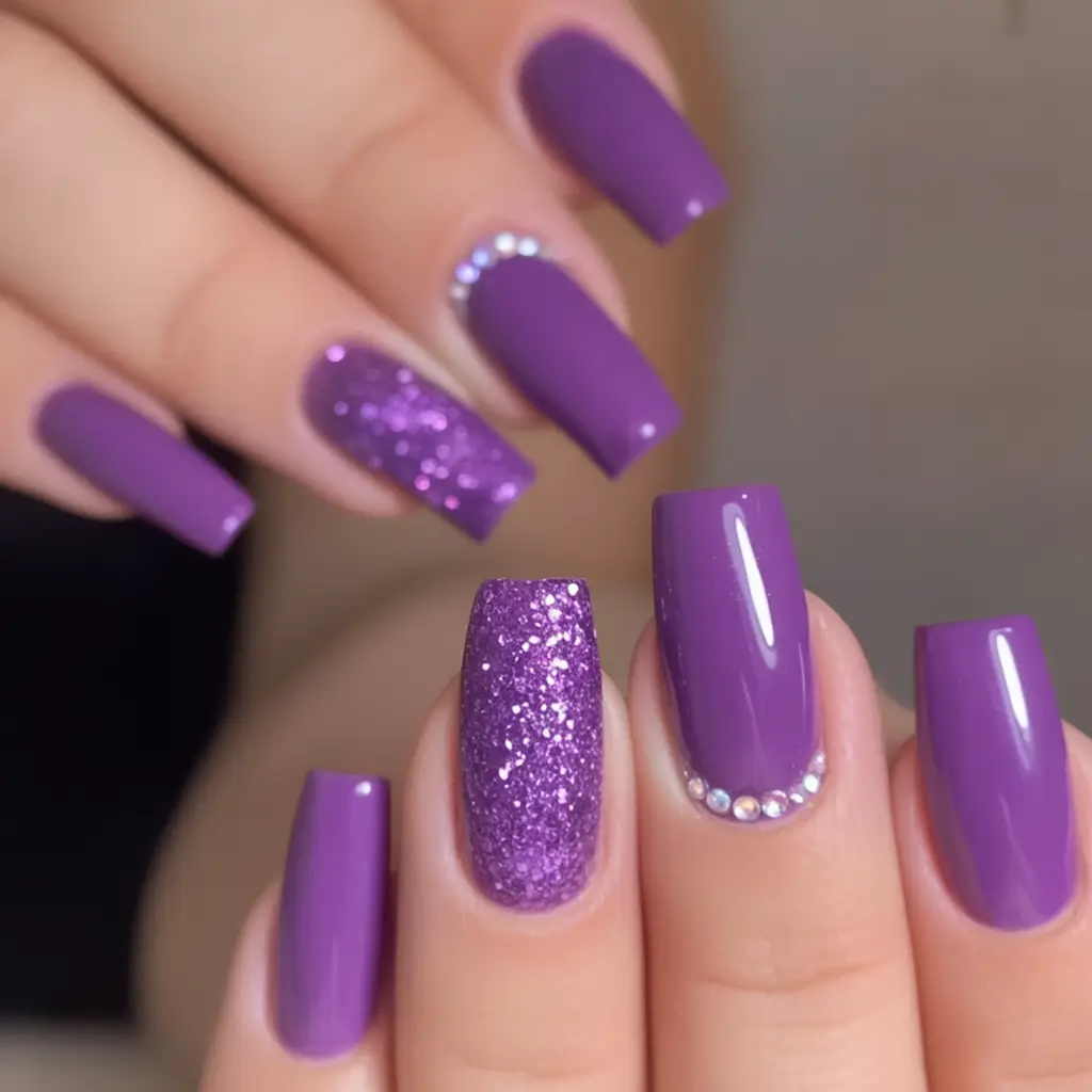 Summer 2025 Acrylics Nails Ideas Glam Purple Squares with Glitter and Gems