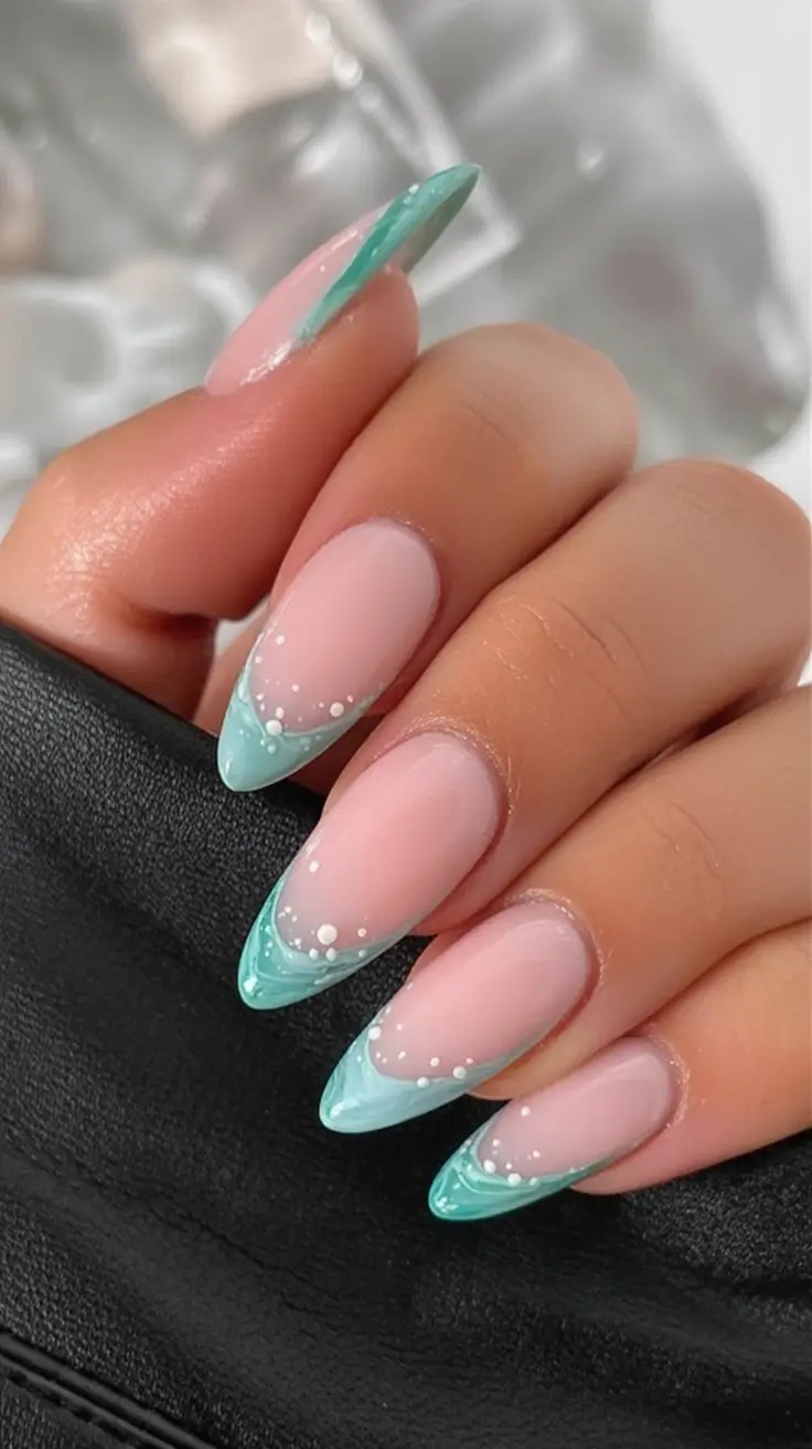 Summer 2025 Acrylics Nails Ideas Mint Pearl French with Oceanic Detail