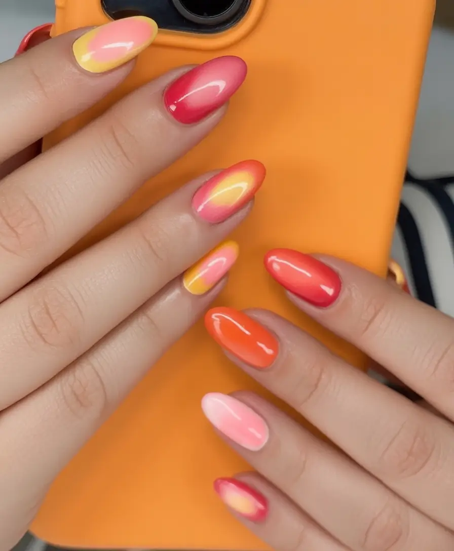 Summer 2025 Acrylics Nails Ideas Multi-Shade Ombre in Hot Citrus