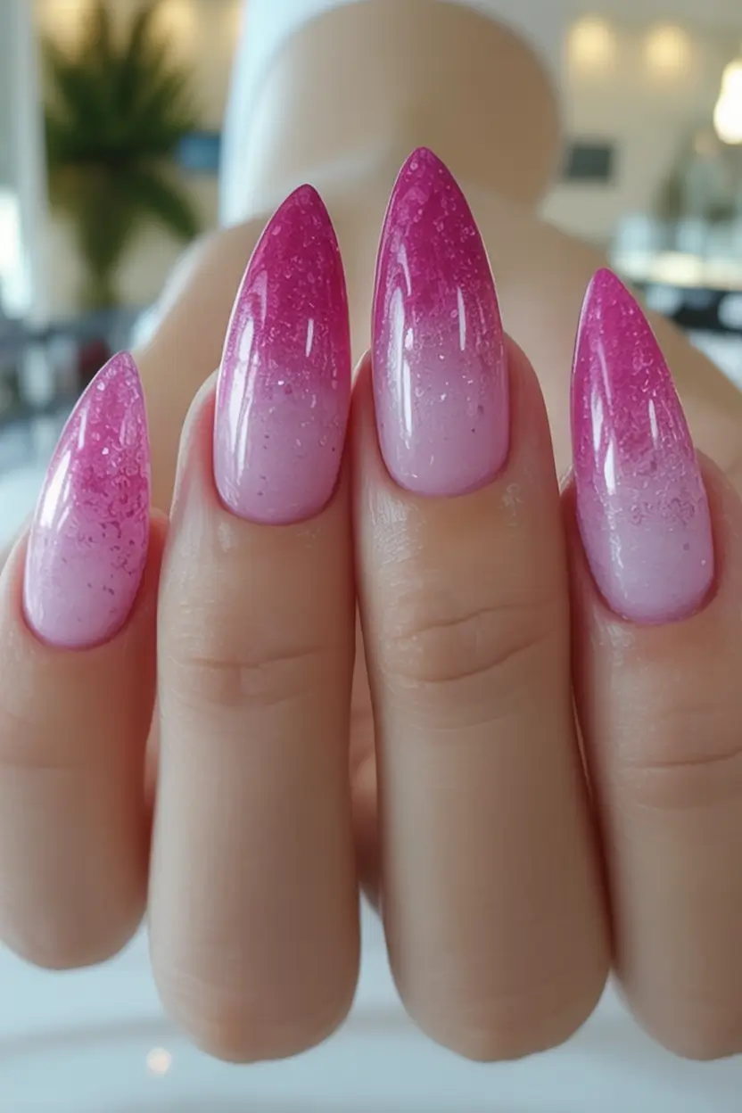 Summer 2025 Acrylics Nails Ideas Sugar Pink Glitter Fade in Almond Shape