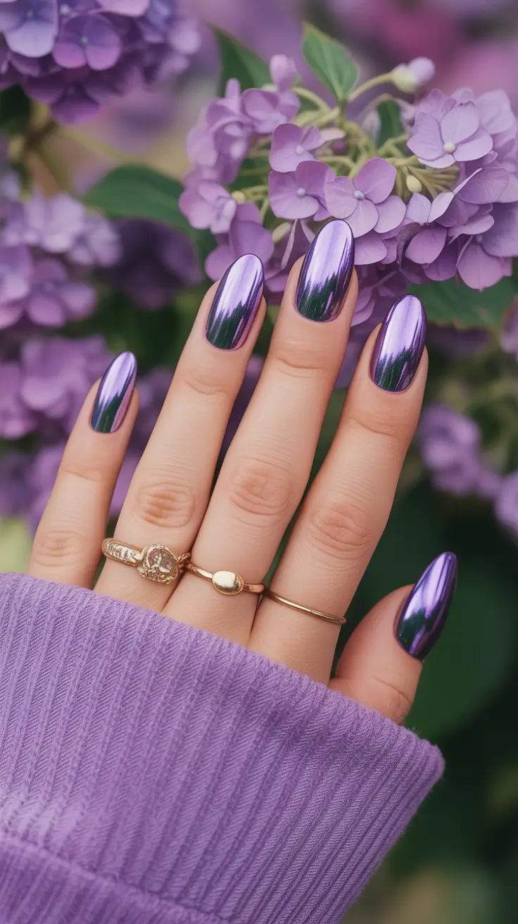 Summer 2025 Acrylics Nails Ideas Reflective Lavender Chrome on Oval Nails