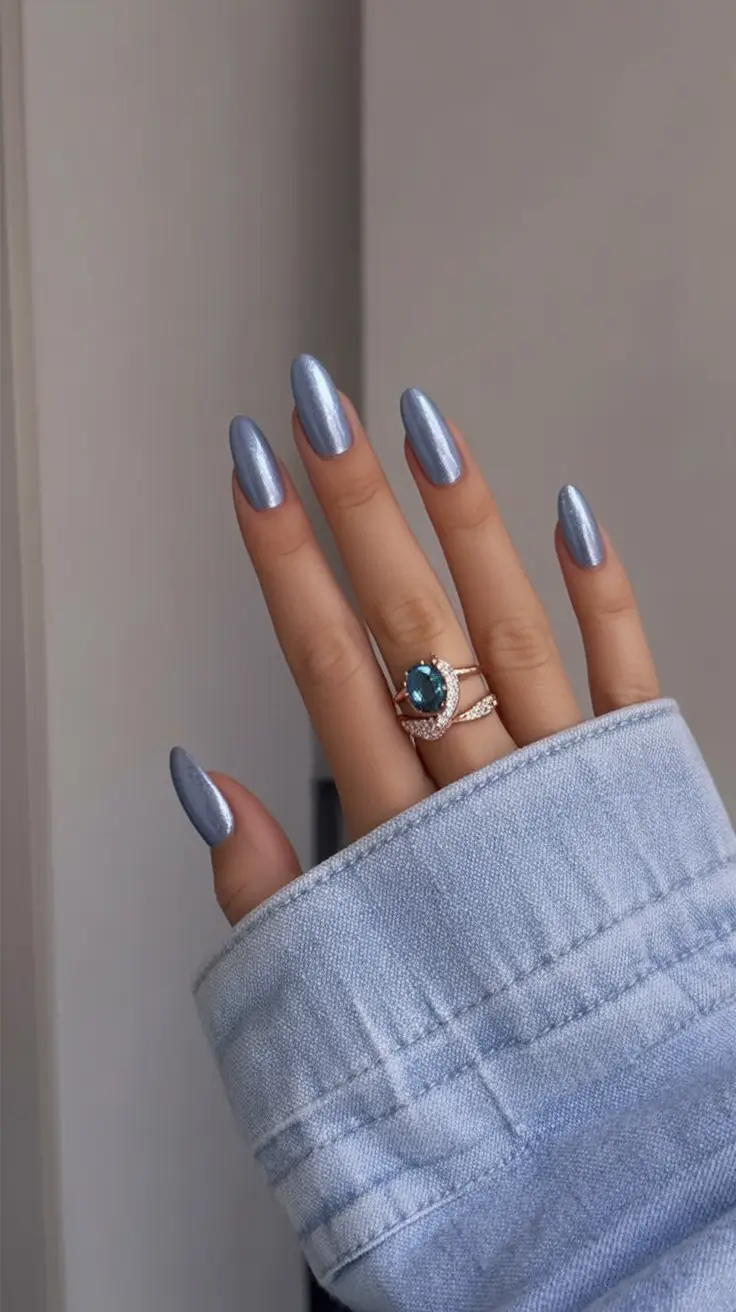 Summer 2025 Acrylics Nails Ideas Dusty Blue Metallic with Denim Energy