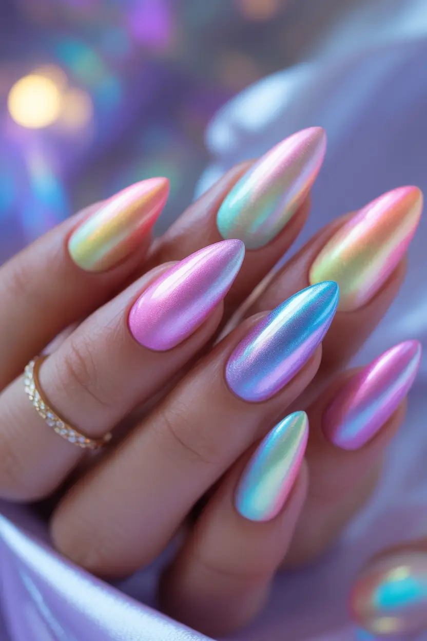Summer 2025 Acrylics Nails Ideas Chrome Rainbow on Almond Tips