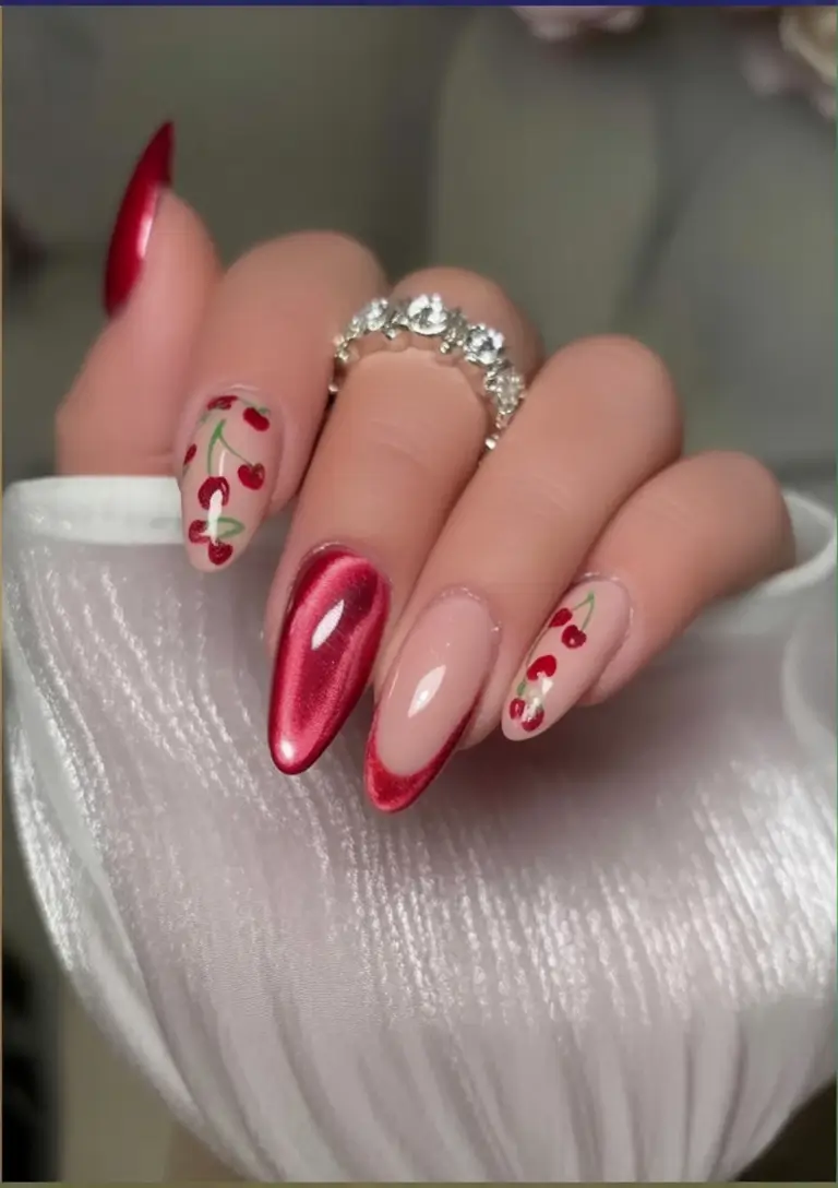 Summer 2025 Acrylics Nails Ideas Cherry Bomb Acrylic with Hand Drawn Fruits