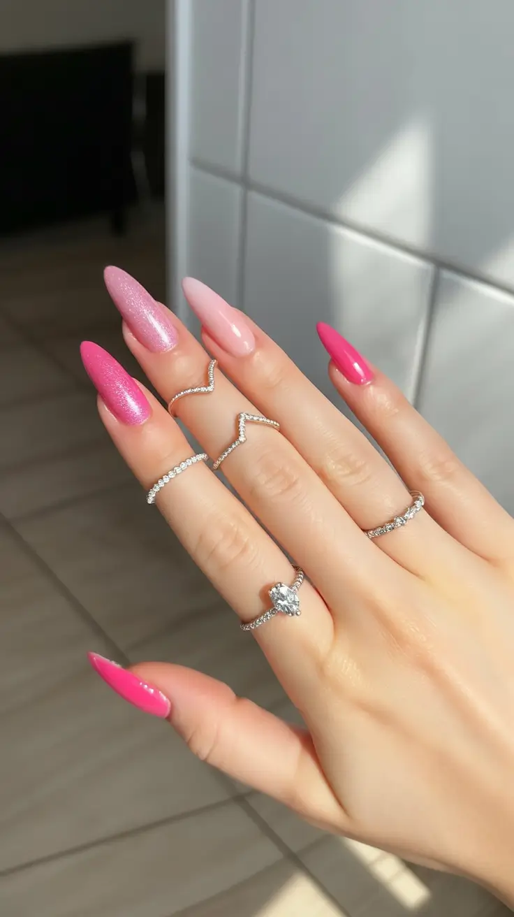 Summer 2025 Acrylics Nails Ideas Ombre Pink Gradient with Glitter Shine
