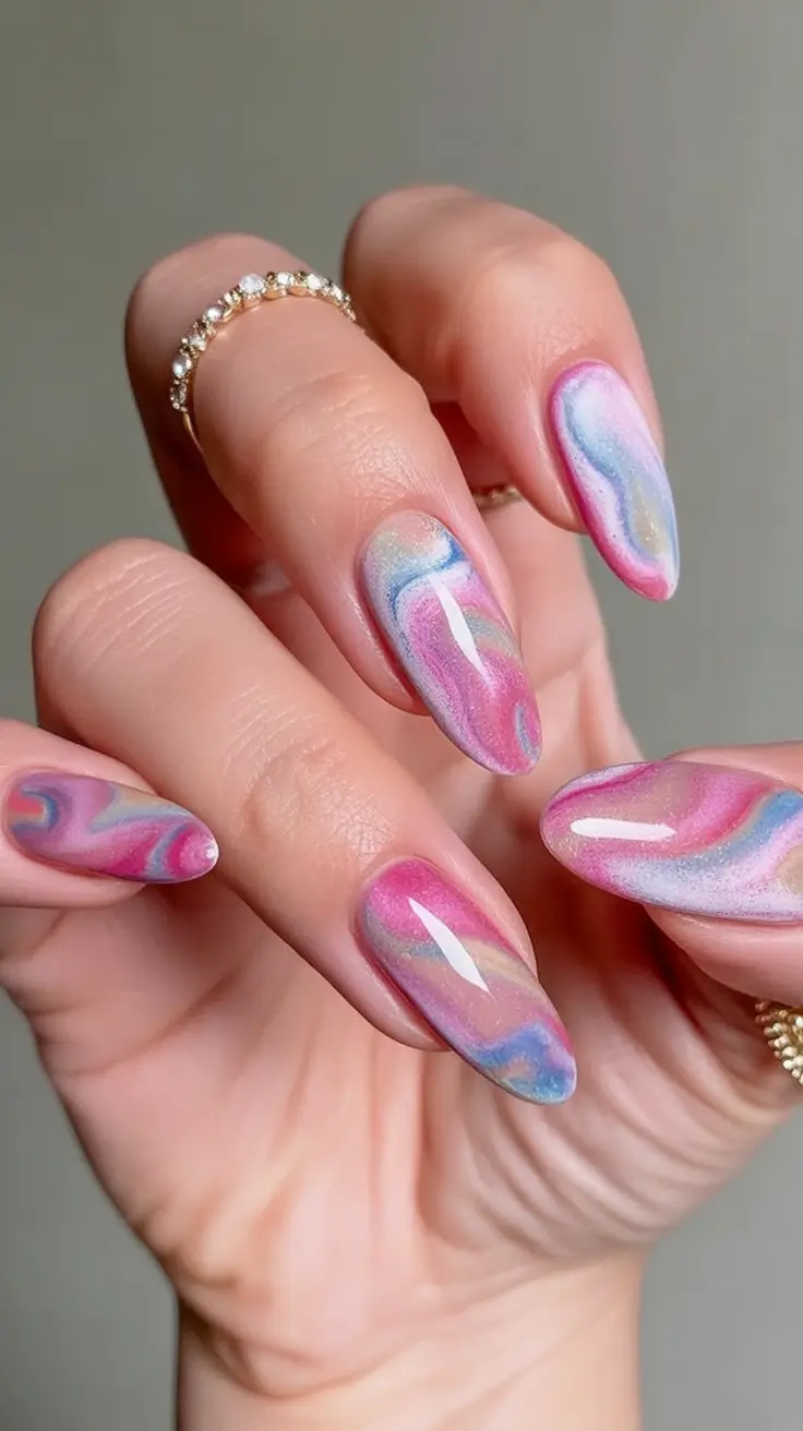 Summer 2025 Acrylics Nails Ideas Swirled Pastels with an Almond Finish