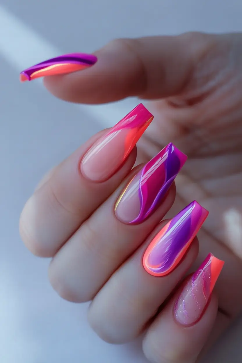 Summer 2025 Acrylics Nails Ideas Neon Ribbons on Coffin Brights