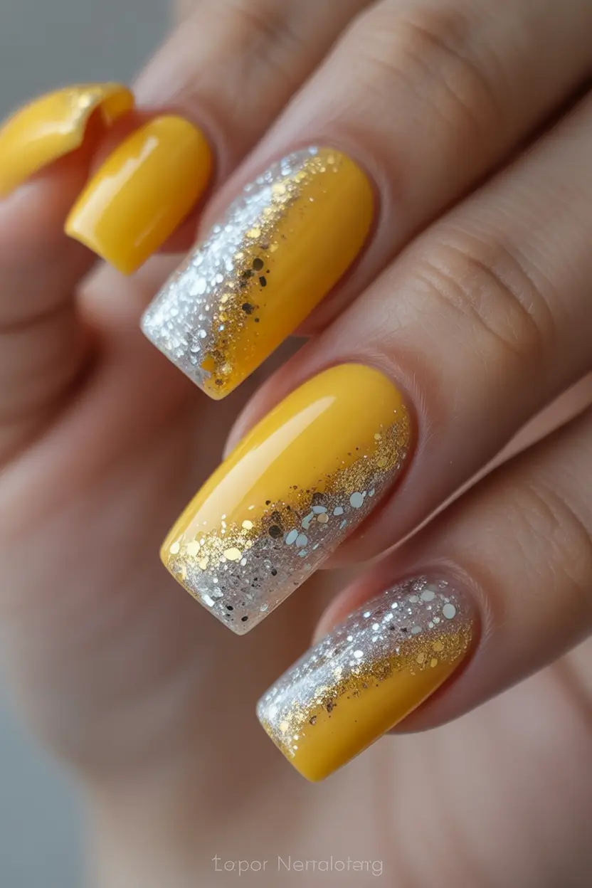 Summer 2025 Nail Designs to Try Yellow With Glitter Fade For Sunshine Lovers