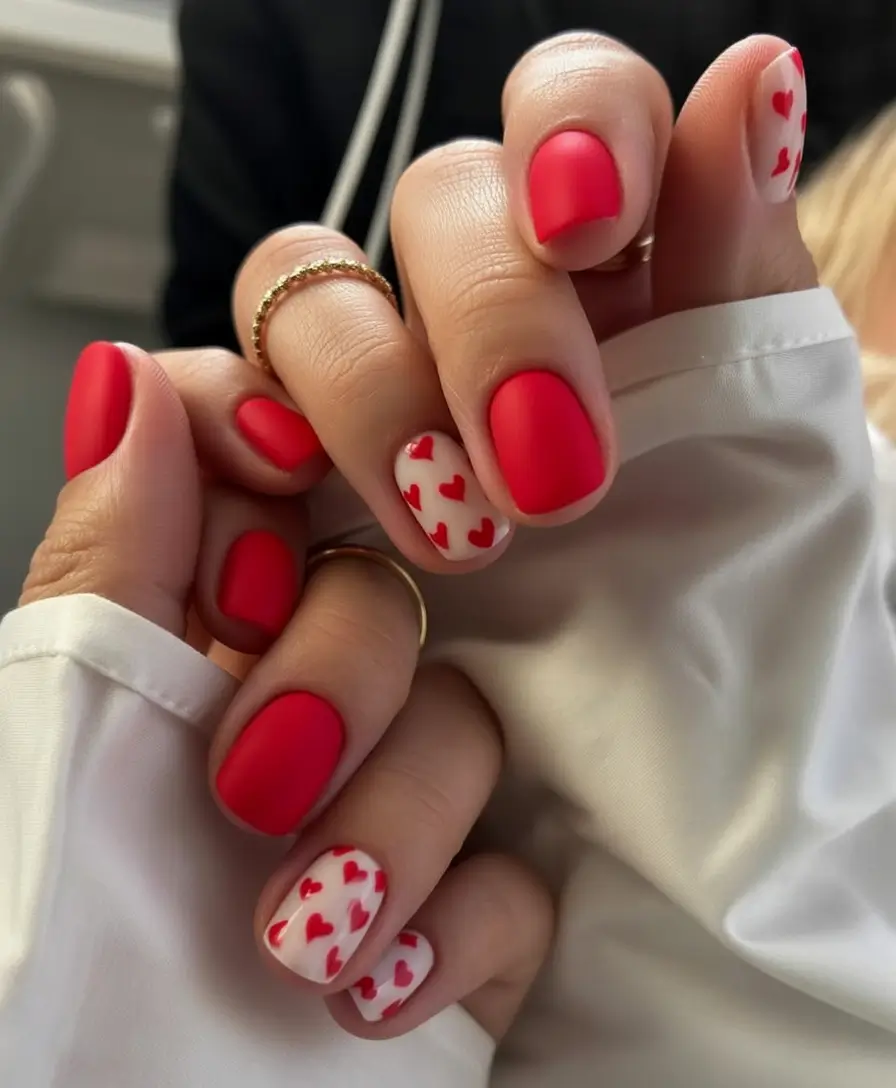 Summer 2025 Nail Designs to Try Matte Red And Hearts That Pop