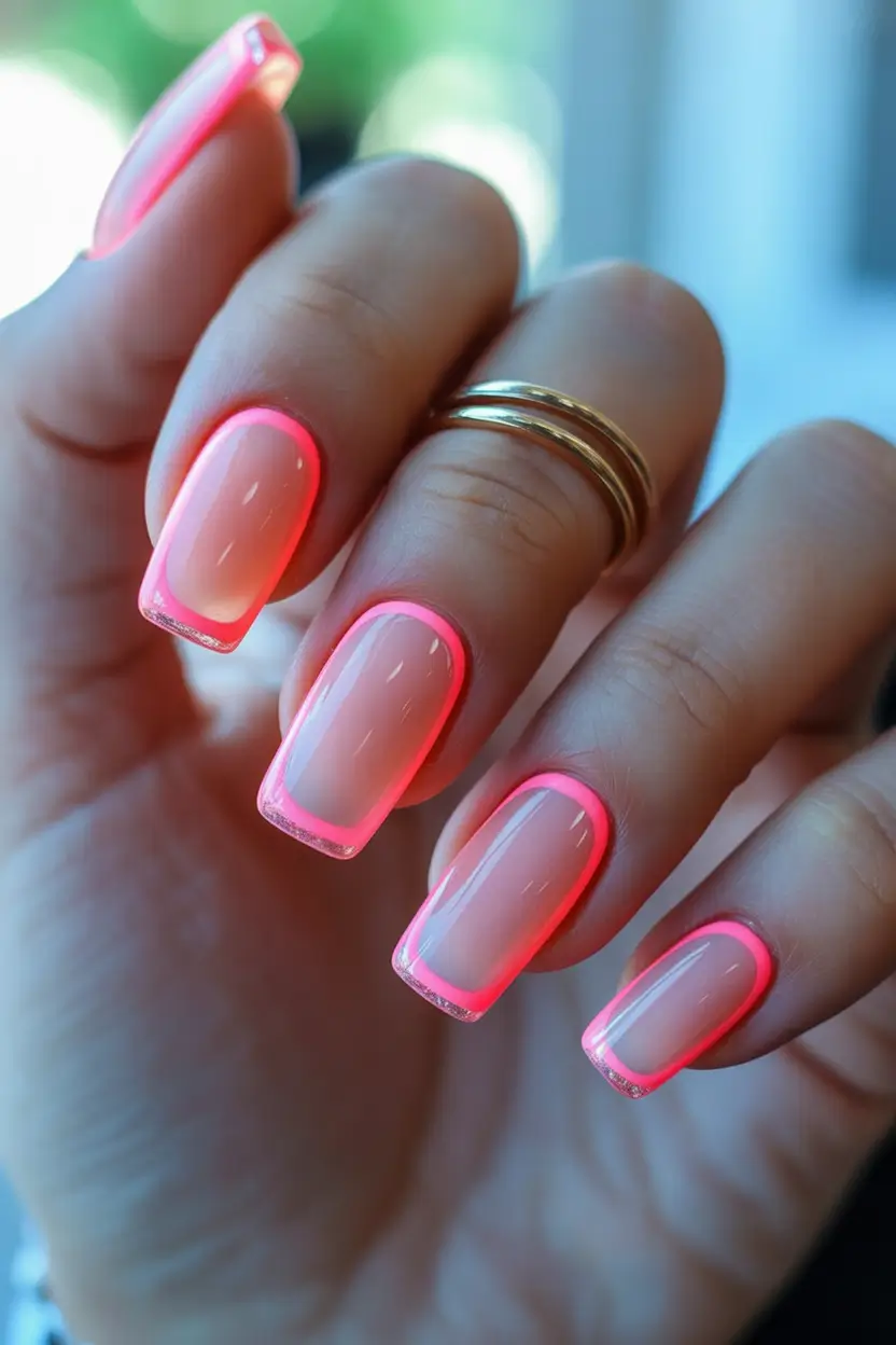 Summer 2025 Nail Designs to Try Pink Border Glow On Clear Gel Base