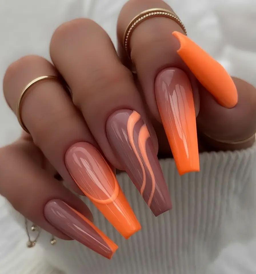 Summer 2025 Nail Designs to Try Muted Mocha And Neon Orange Combo