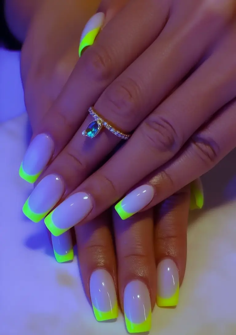 Summer 2025 Nail Designs to Try Highlighter Neon French On White Base