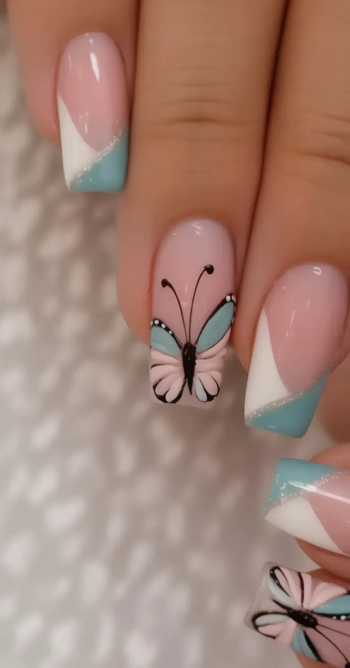 Summer 2025 Nail Designs to Try Baby Blue Butterflies And Minimalist Chic