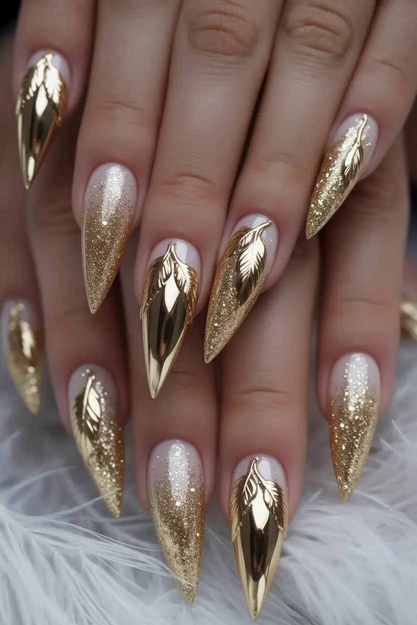 Summer 2025 Nail Designs to Try Golden Feathers & Glitz