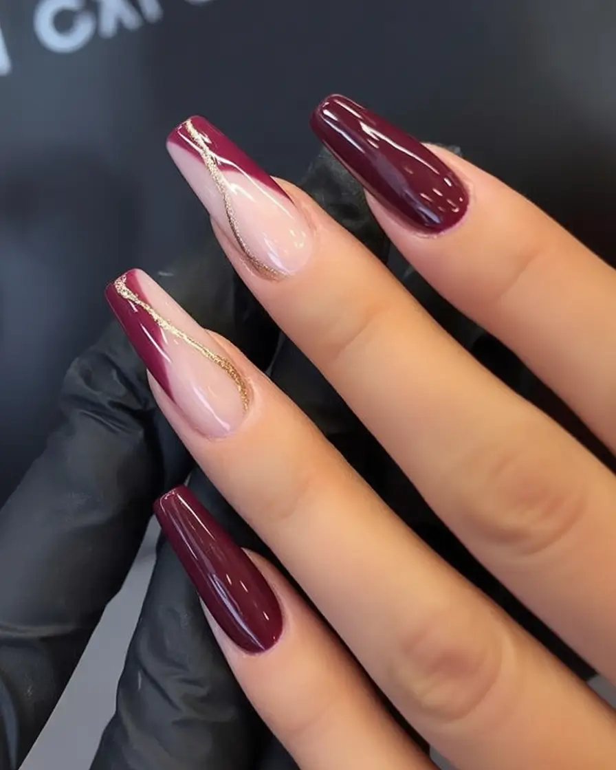 Summer 2025 Nail Designs to Try Merlot with a Hint of Gold